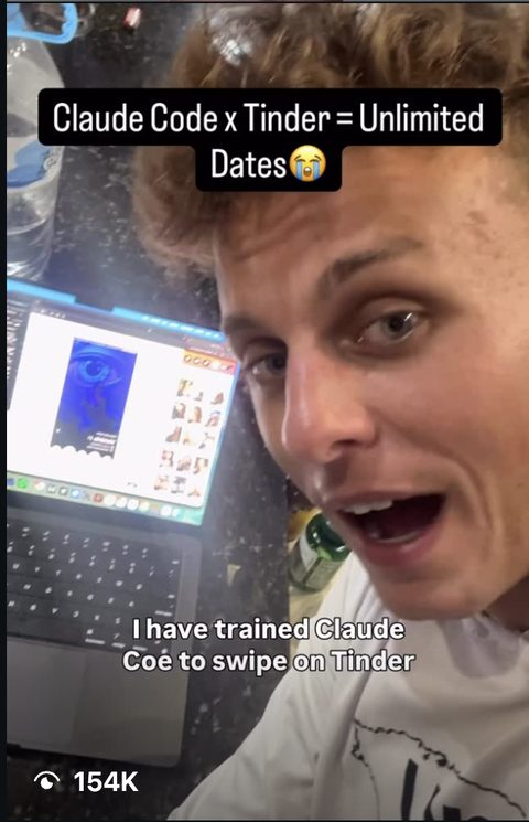 Instagram reel: Claude Code x Tinder = Unlimited Dates — 154K views
